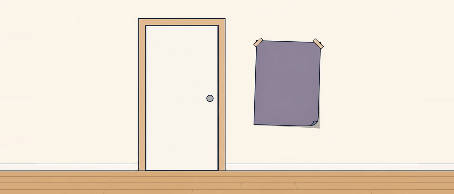 木目の床と白いドアの前の壁に、くすんだ紫の壁紙サンプルをテープで留めて見比べている様子
