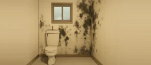 古いトイレの奥の壁と角に、黒いカビが広がっている様子
