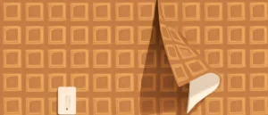茶色とからし色の四角い柄の壁紙が、継ぎ目から上のほうだけめくれて、裏の白い紙が見えている壁