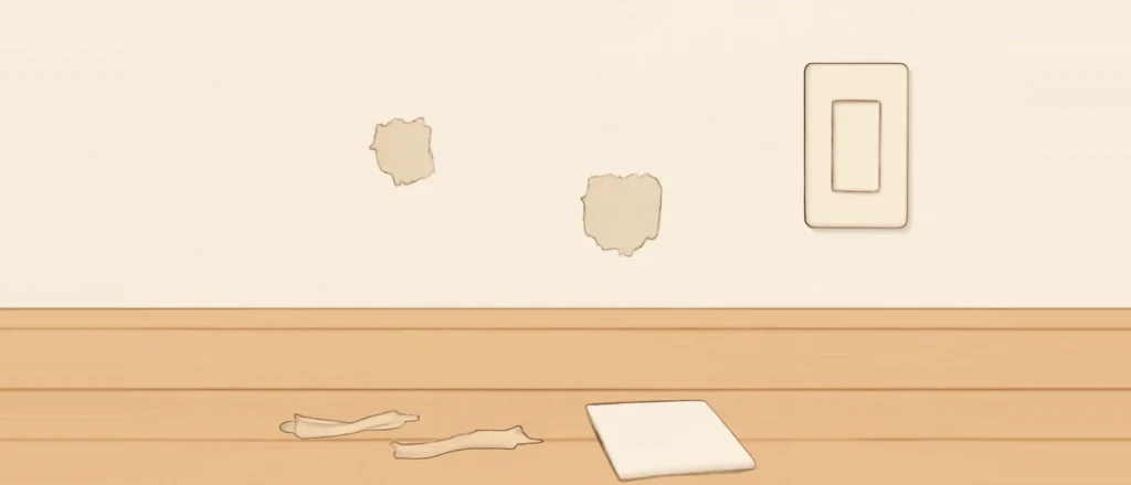 壁の2か所で表面がはがれて下の紙が見えている壁紙と、床に落ちたテープの切れ端、四角い壁紙の補修シート