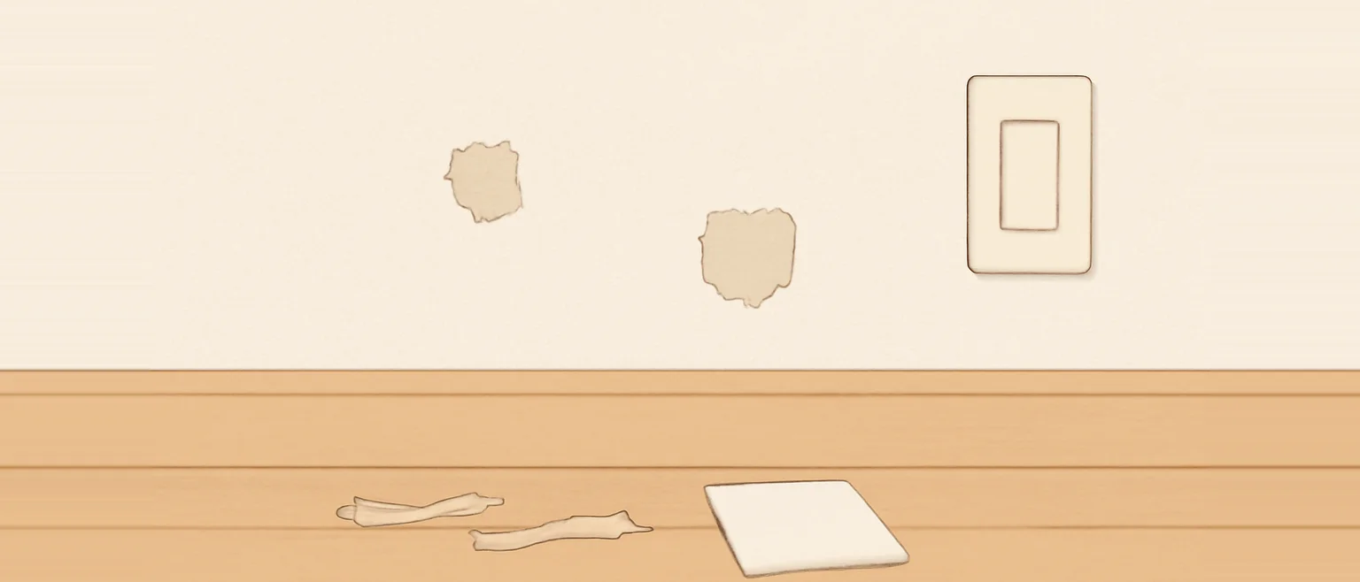壁の2か所で表面がはがれて下の紙が見えている壁紙と、床に落ちたテープの切れ端、四角い壁紙の補修シート