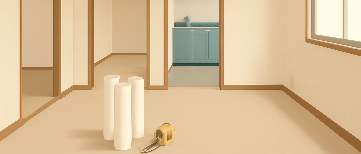 家具のない空室の部屋の床に、壁紙のロールとメジャーが置かれている様子