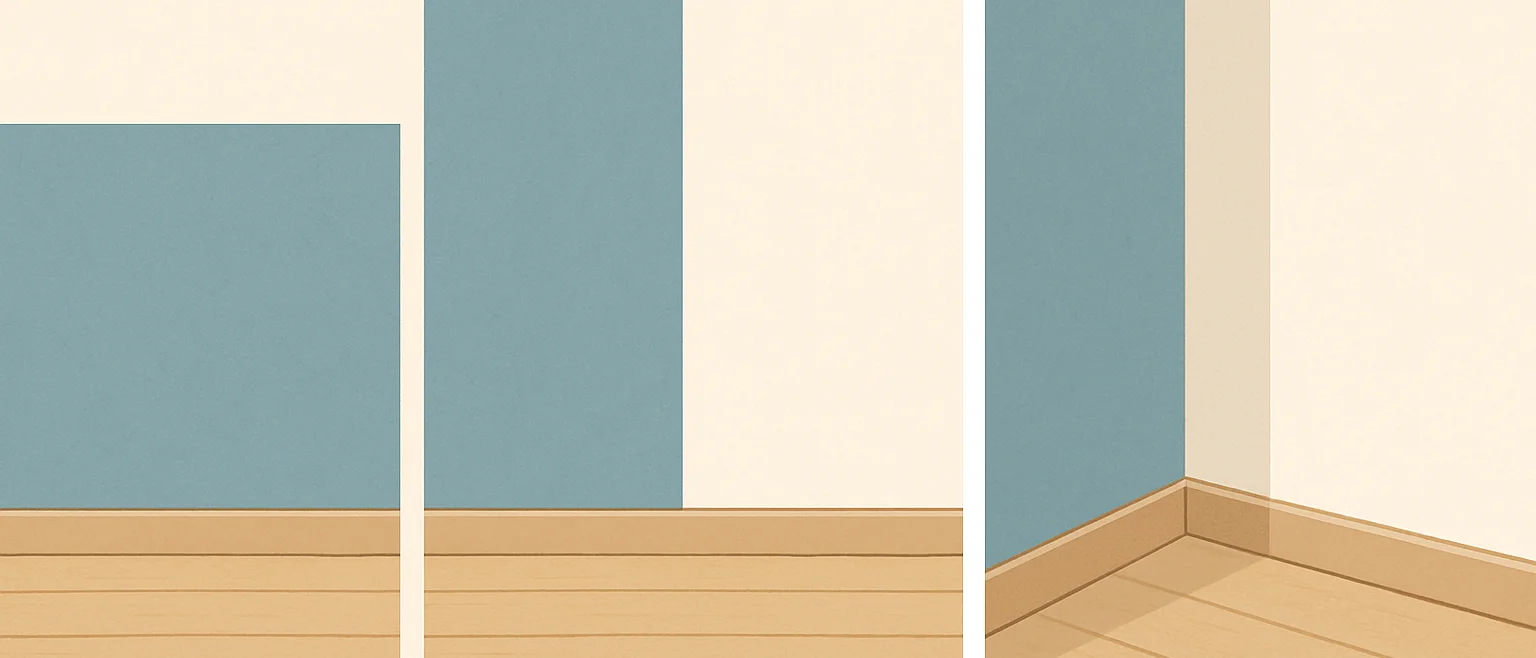 壁を2色に分ける3つの例を並べた図。左は壁の下側だけ青、中央は1つの壁の左側だけ青、右は部屋の角を境に左の壁が青、右の壁がクリーム色