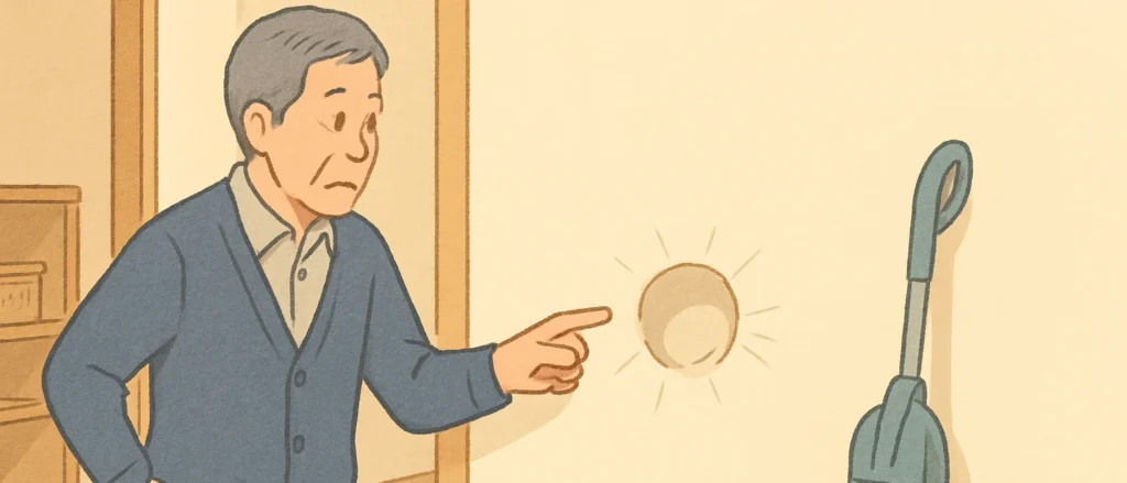廊下の壁にできた丸いへこみを、年配の男性が困った表情で指さしている。壁際には掃除機が立てかけてある