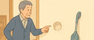 廊下の壁にできた丸いへこみを、年配の男性が困った表情で指さしている。壁際には掃除機が立てかけてある