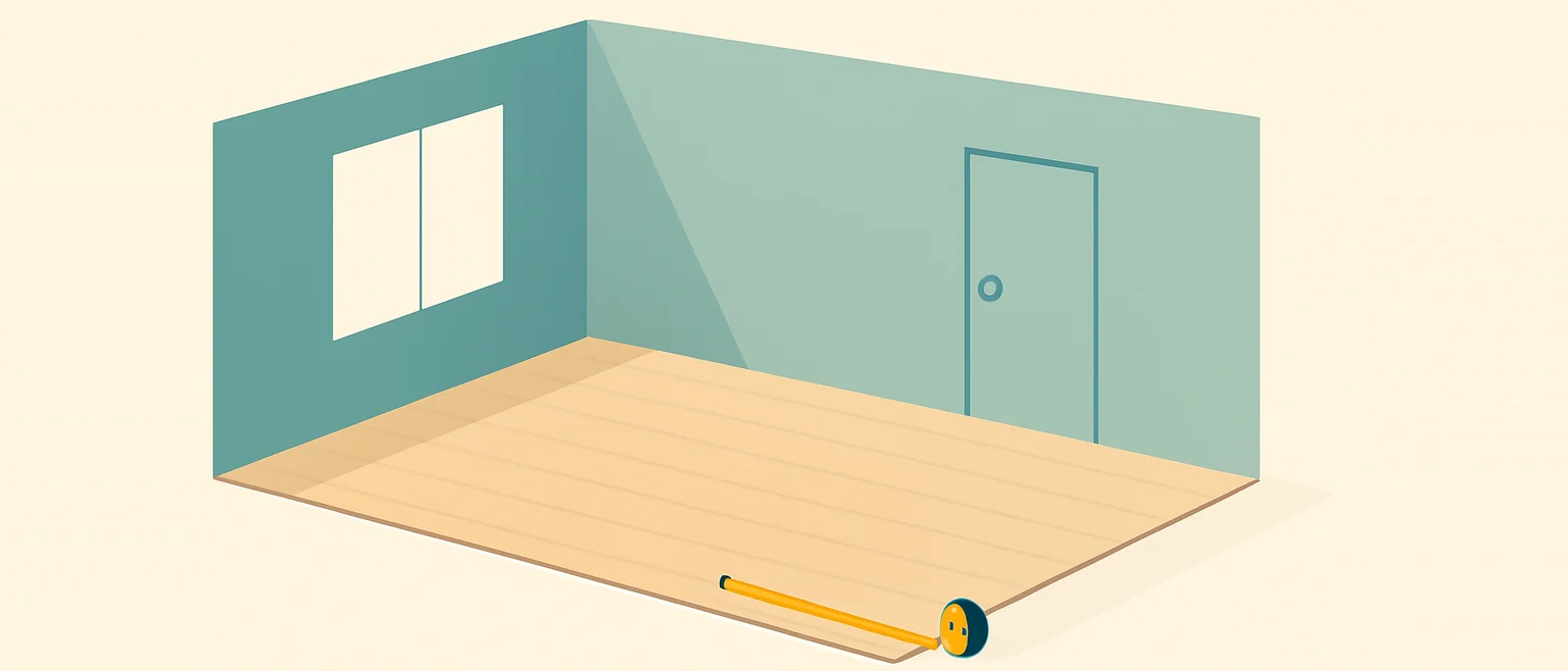 部屋の角を描いた図。窓のある壁とドアのある壁に色を付け、床に巻尺が置かれている