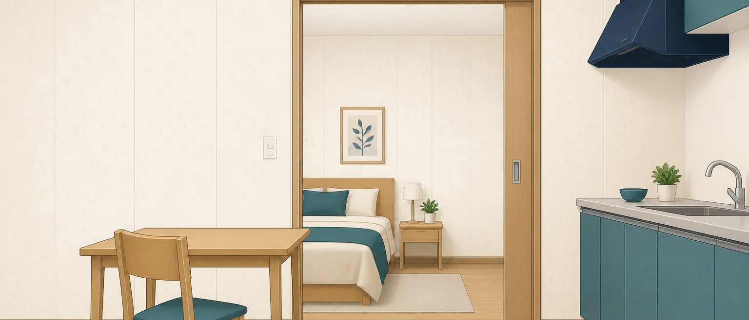 壁紙が新しくなったダイニングキッチンと、引き戸の向こうの居室。どちらの壁も同じ白い壁紙で張り替えられている