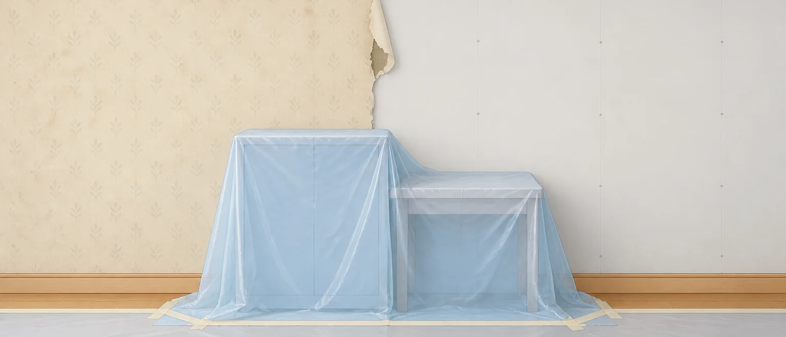 家具を壁際に寄せて青い養生シートで覆い、壁の古い壁紙を剥がしている途中の部屋