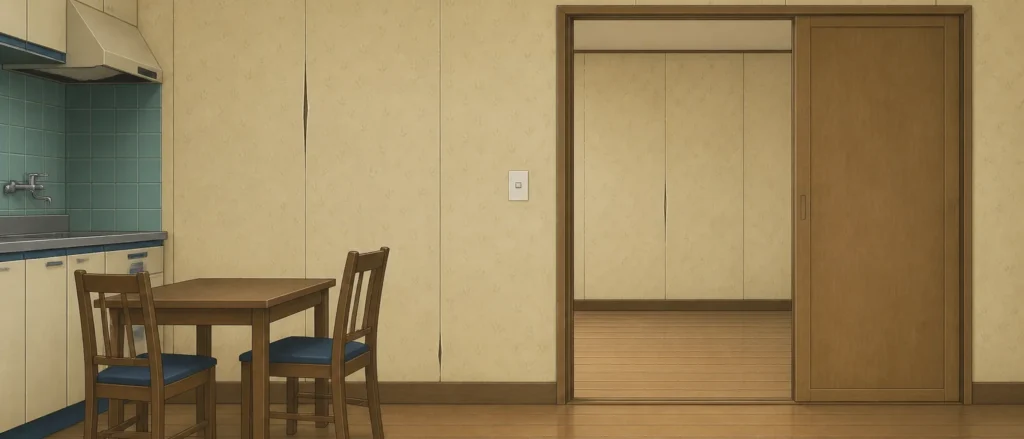 黄ばんだ壁紙の古いダイニングキッチンと、引き戸が開いた先の隣室。壁紙の継ぎ目が数か所開いている