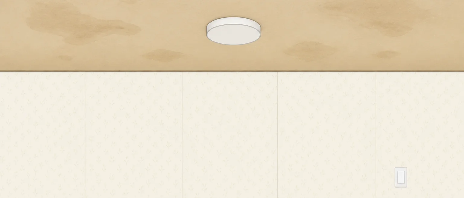 壁は白い壁紙に張り替えてあるが、天井だけが黄ばんでシミが出ていて、色の差が出ている部屋