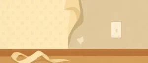 柄入りの古い壁紙の一部が壁からめくれ、剥がした側に無地の下地が出ている部屋の壁