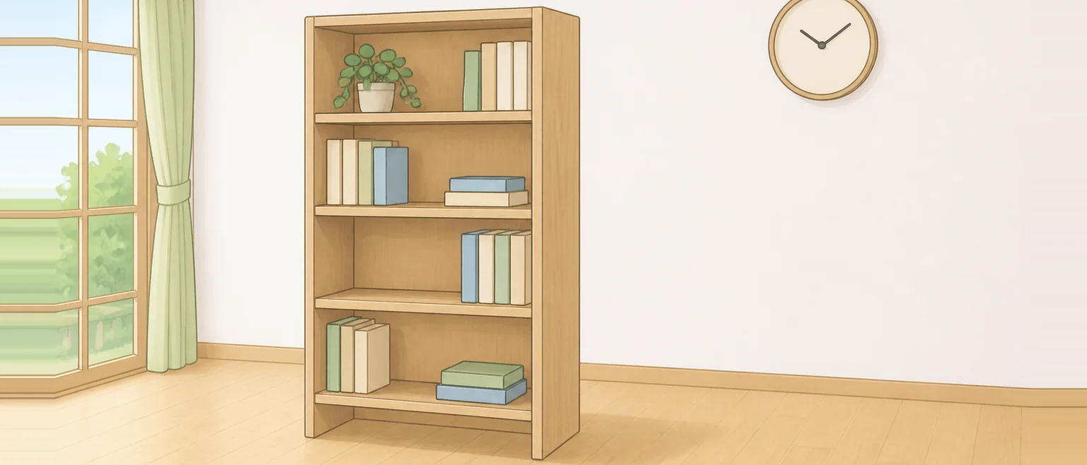 白い壁の部屋の中ほどに木の本棚が置かれ、本棚と壁のあいだに床が見えている。壁には丸い掛け時計がかかっている