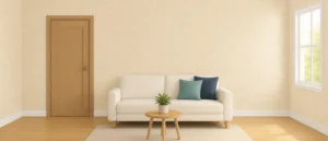 黄みのある明るい木目の床と木のドアの部屋で、4面とも淡いベージュの壁紙を貼った様子