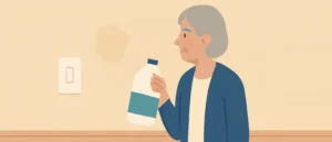 壁紙の黄ばんだシミを前に、漂白剤のボトルを手に持って使うかどうか迷っている女性