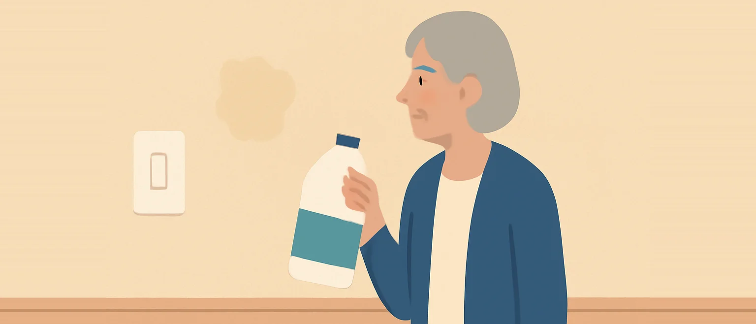 壁紙の黄ばんだシミを前に、漂白剤のボトルを手に持って使うかどうか迷っている女性