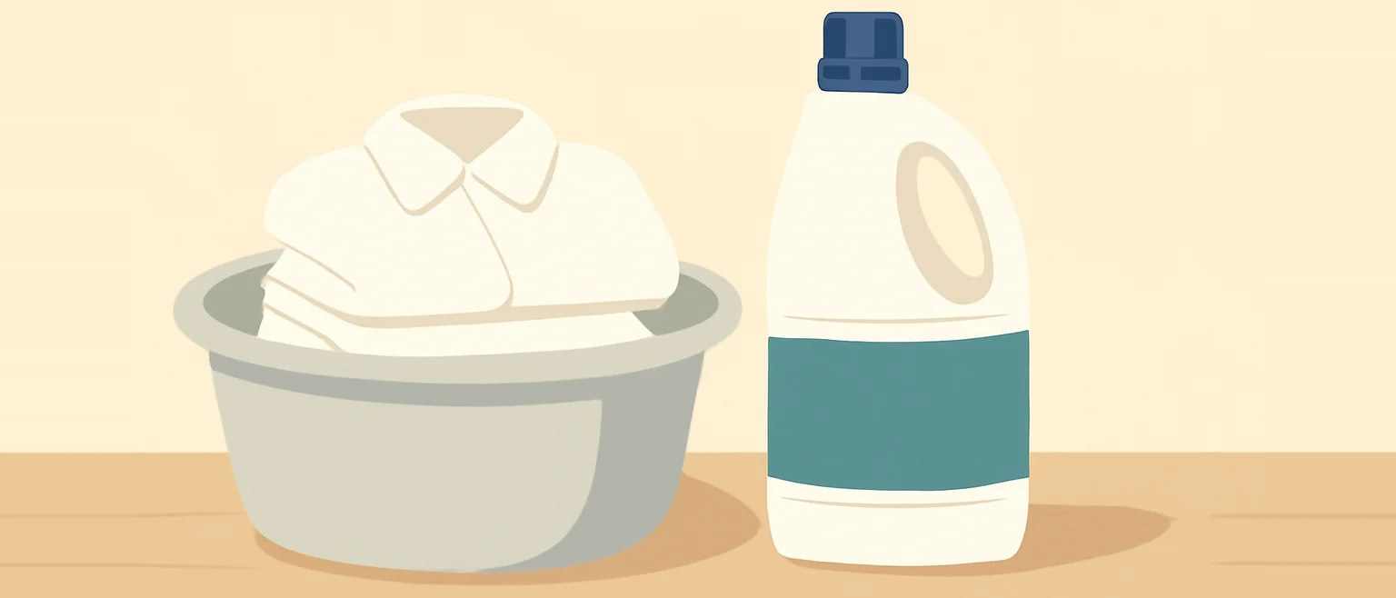 白いシャツを入れたたらいと、その横に置かれた漂白剤のボトル