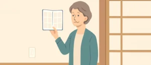 壁紙の見本帳を片手に持ち、部屋の壁の前で色を考えている年配の女性