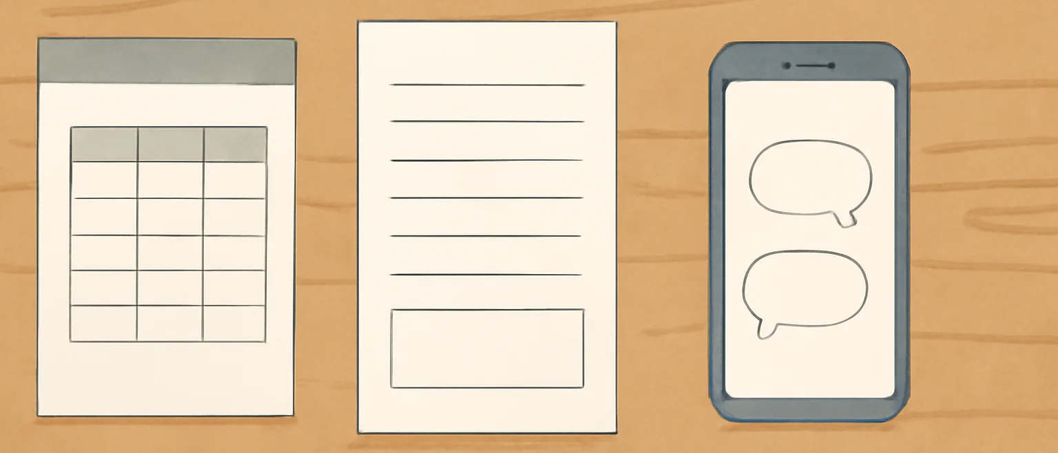 机の上に並んだ、表の入った書類、文章の書類、吹き出しが表示されたスマートフォン