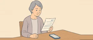 ダイニングテーブルで、書類を手に持って読みながら、机の上のスマートフォンも確かめている女性