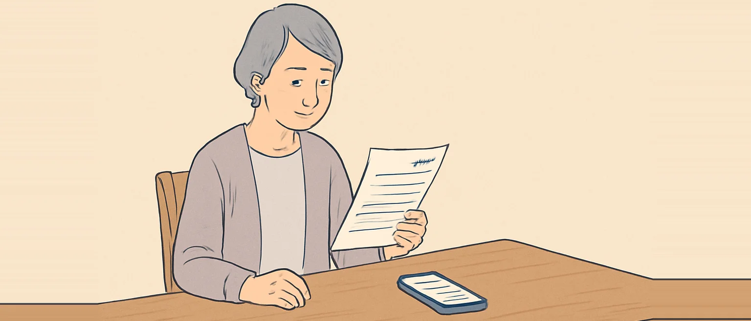 ダイニングテーブルで、書類を手に持って読みながら、机の上のスマートフォンも確かめている女性