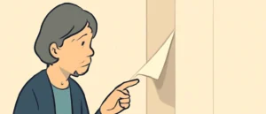 壁の出っ張った角で、壁紙が角からめくれているのを指さす女性