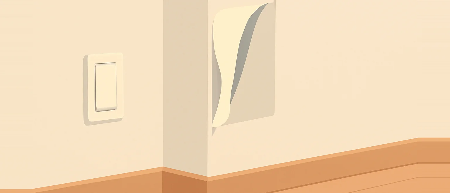 部屋の角のそばで壁紙の端がめくれ、下地がのぞいている壁