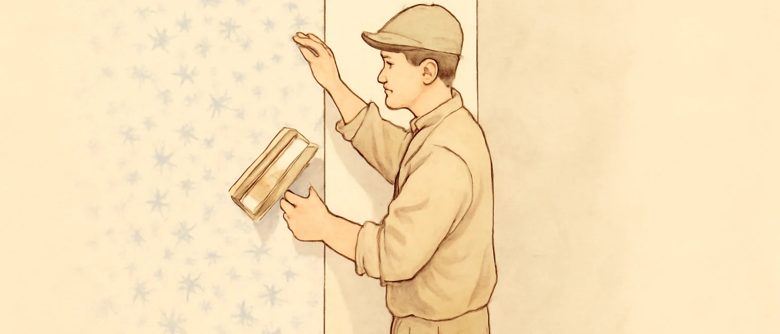 なでバケを使って壁紙を壁に張っている職人