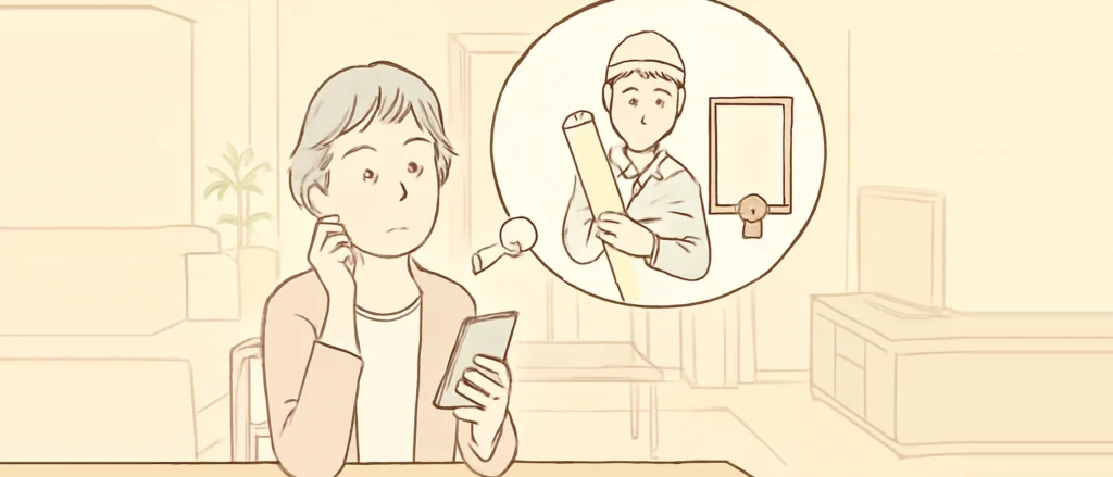 スマートフォンを手に、壁紙の職人に資格があるかを考えている年配の女性