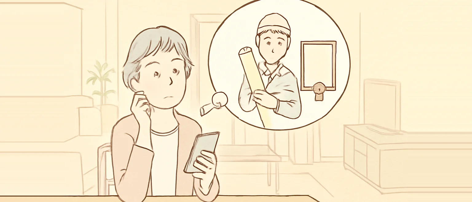 スマートフォンを手に、壁紙の職人に資格があるかを考えている年配の女性