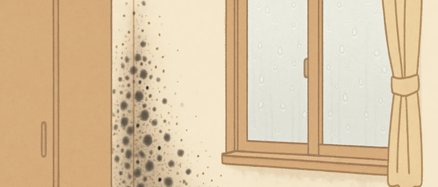 水滴の付いた窓のそばで、壁に寄せた家具の脇から壁の隅に黒い点が広がっている様子
