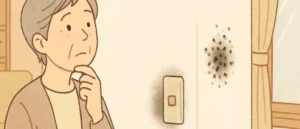 白い壁紙のスイッチの周りにできた黒っぽいくすみと、窓のそばの黒い点の集まりを見て考え込む年配の女性