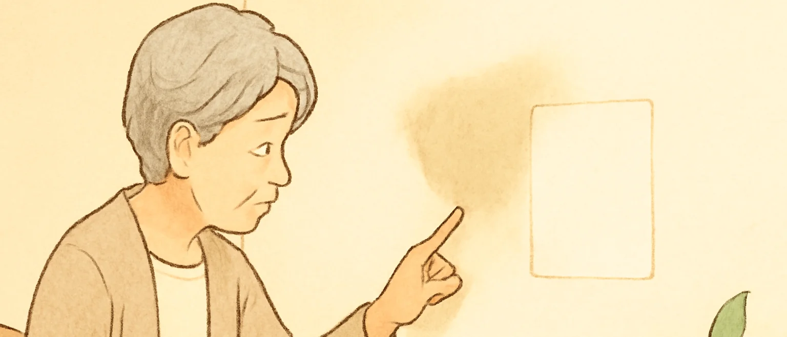 年配の女性が、部屋の壁に出た茶色っぽいしみを、困ったような表情で指さしている様子