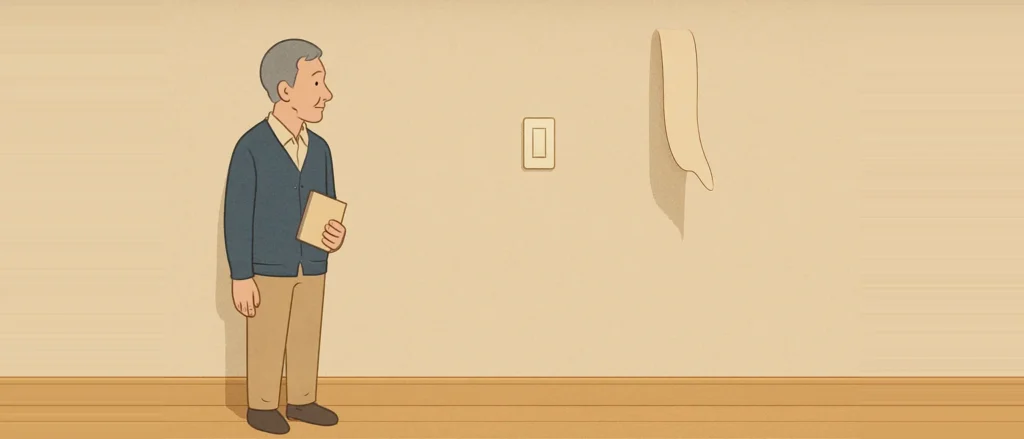 ベージュの壁の前に立つグレーの髪の年配の男性が、手に小さな手帳のようなものを持ち、壁の上のほうで剥がれて垂れ下がった壁紙を見ている。壁にはスイッチプレート、下には幅木と木の床