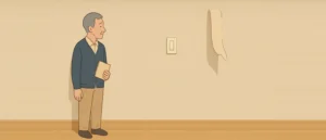 ベージュの壁の前に立つグレーの髪の年配の男性が、手に小さな手帳のようなものを持ち、壁の上のほうで剥がれて垂れ下がった壁紙を見ている。壁にはスイッチプレート、下には幅木と木の床