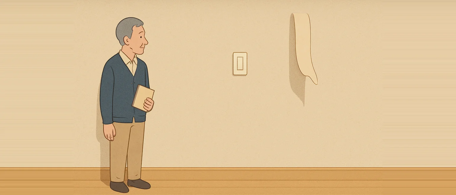 ベージュの壁の前に立つグレーの髪の年配の男性が、手に小さな手帳のようなものを持ち、壁の上のほうで剥がれて垂れ下がった壁紙を見ている。壁にはスイッチプレート、下には幅木と木の床