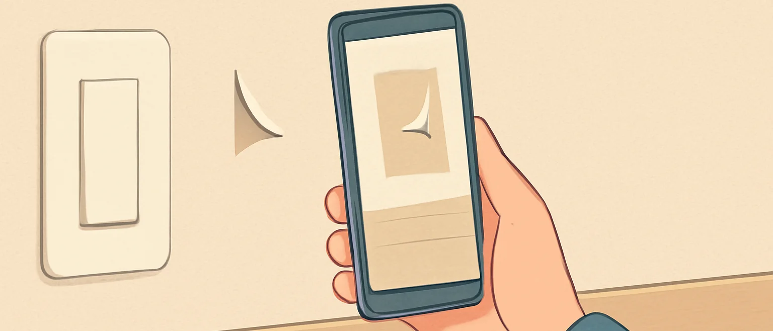 壁紙がめくれた壁の角を、手に持ったスマートフォンで撮影している。スマートフォンの画面にも同じめくれが映っている。左にはスイッチプレート