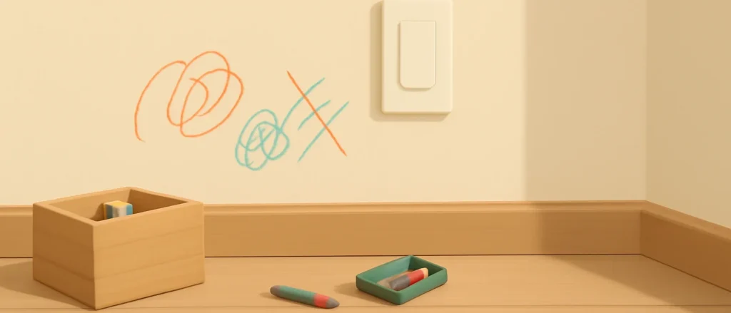 子供部屋の壁紙に描かれたクレヨンの落書きと、床に置かれたクレヨンとおもちゃ箱