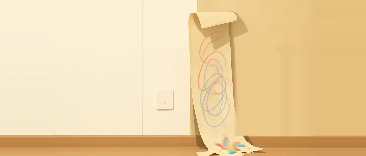 クレヨンの落書きがある壁紙が、壁からめくれて垂れ下がっている様子