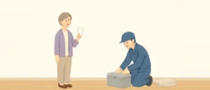 壁紙を張り替えたばかりの部屋で、白い紙を手にした女性と、道具箱を片づける職人