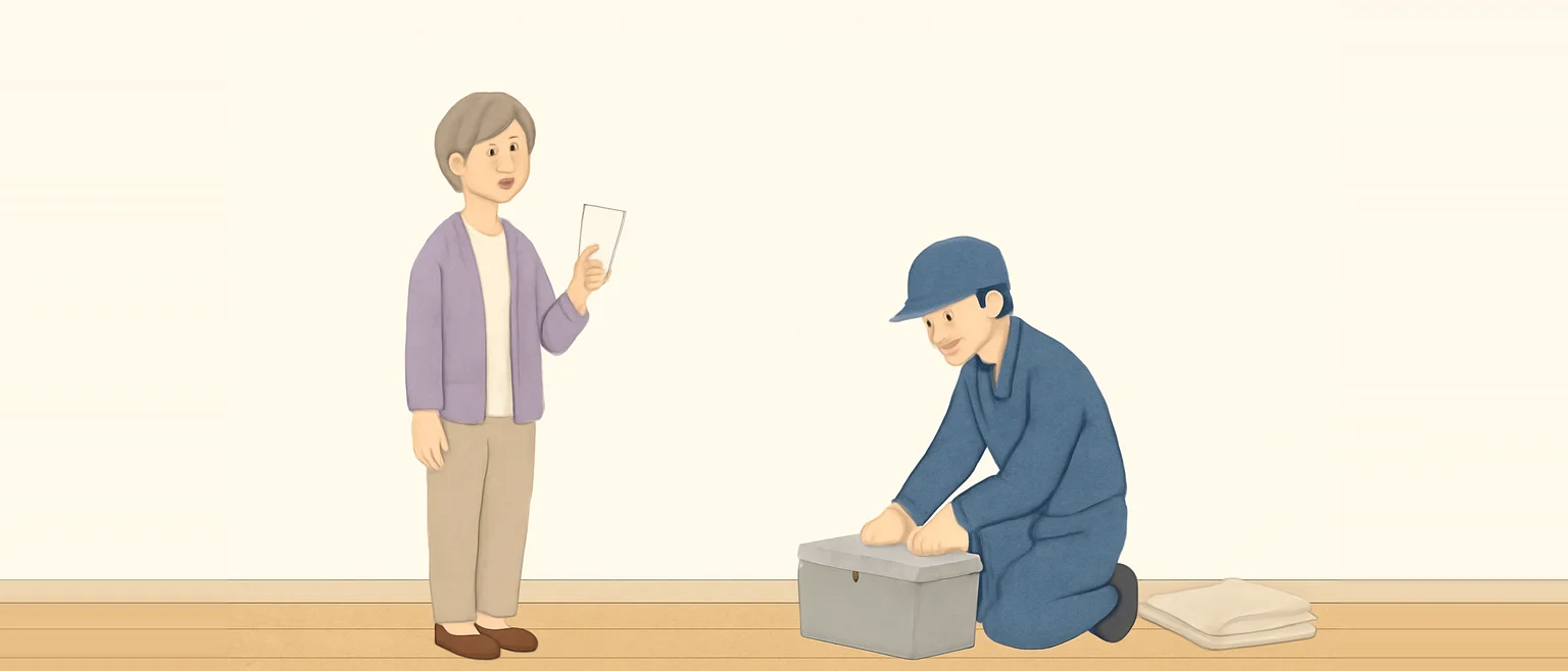 壁紙を張り替えたばかりの部屋で、白い紙を手にした女性と、道具箱を片づける職人