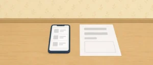 壁紙を張った部屋の壁の前で、木のテーブルにスマートフォンと見積書の紙が並んでいる