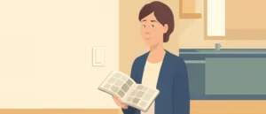 新しい家の壁の前で、壁紙の見本帳を手に持って考える女性
