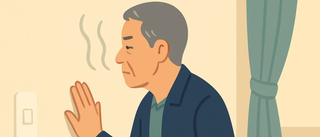 壁に手を当て、顔を近づけて壁の臭いを確かめる男性