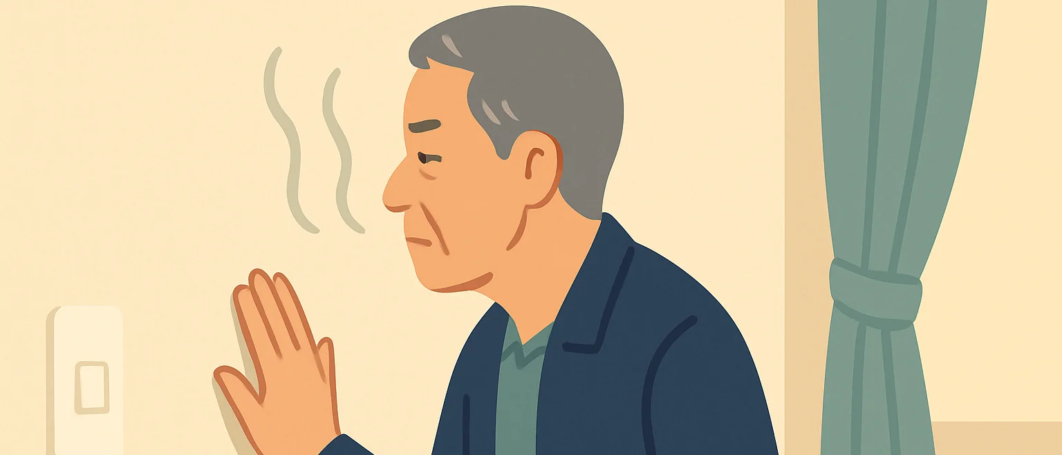 壁に手を当て、顔を近づけて壁の臭いを確かめる男性