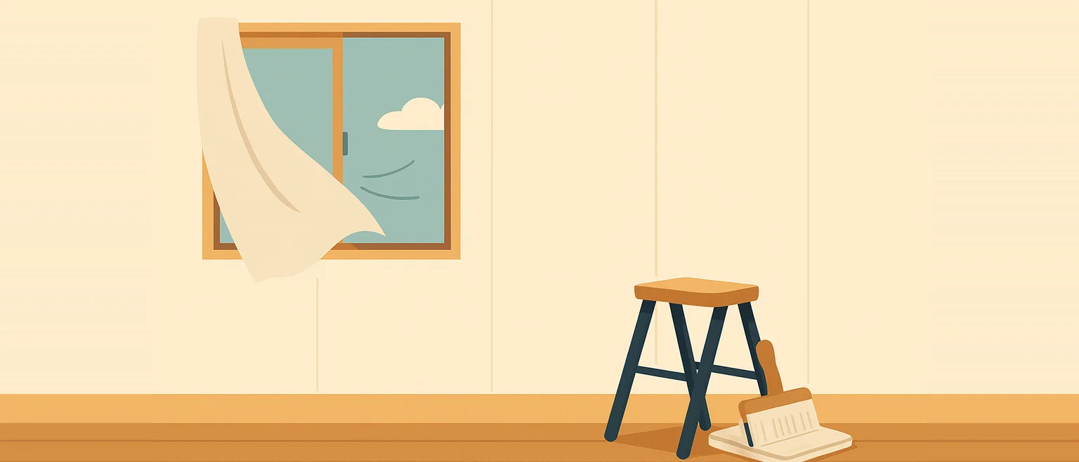 壁紙を張り替えた部屋で窓を開け、カーテンが風に揺れている様子。床には踏み台と壁紙用の刷毛