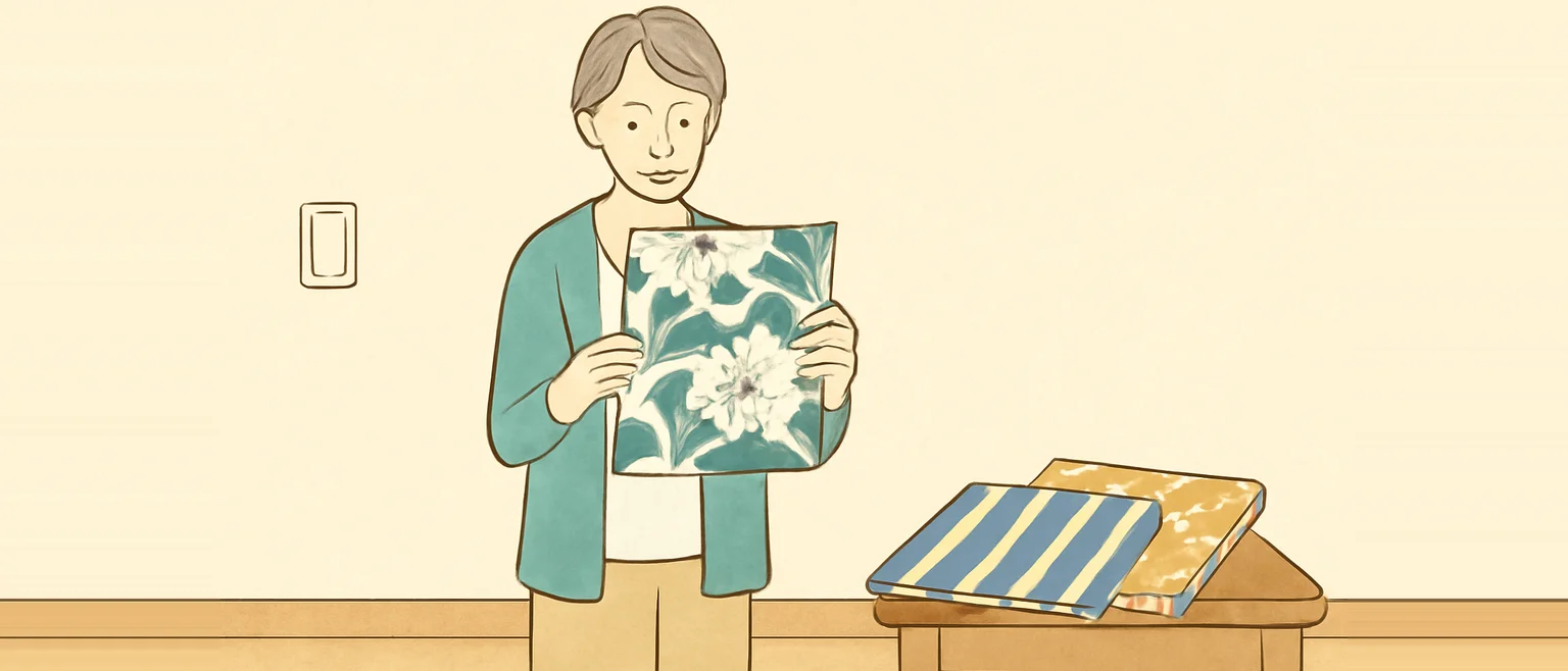 花柄の壁紙のサンプルを両手で持って眺める女性と、横のテーブルに置かれた縞柄などの見本