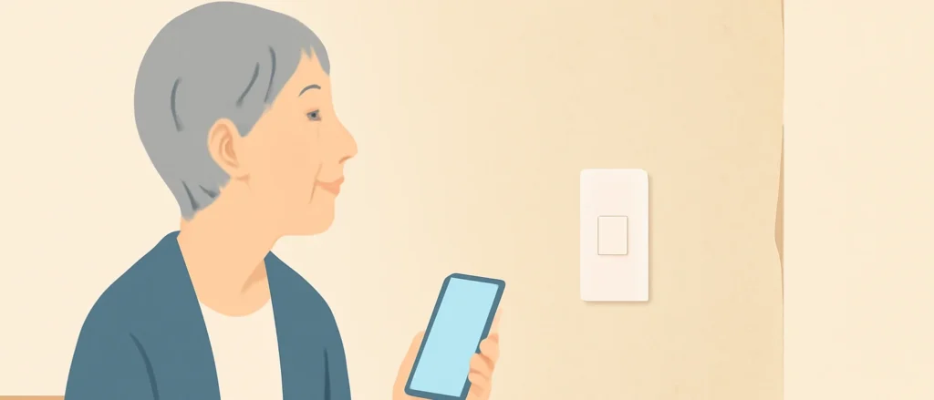 スマートフォンを手に、部屋の壁のほうを見る女性