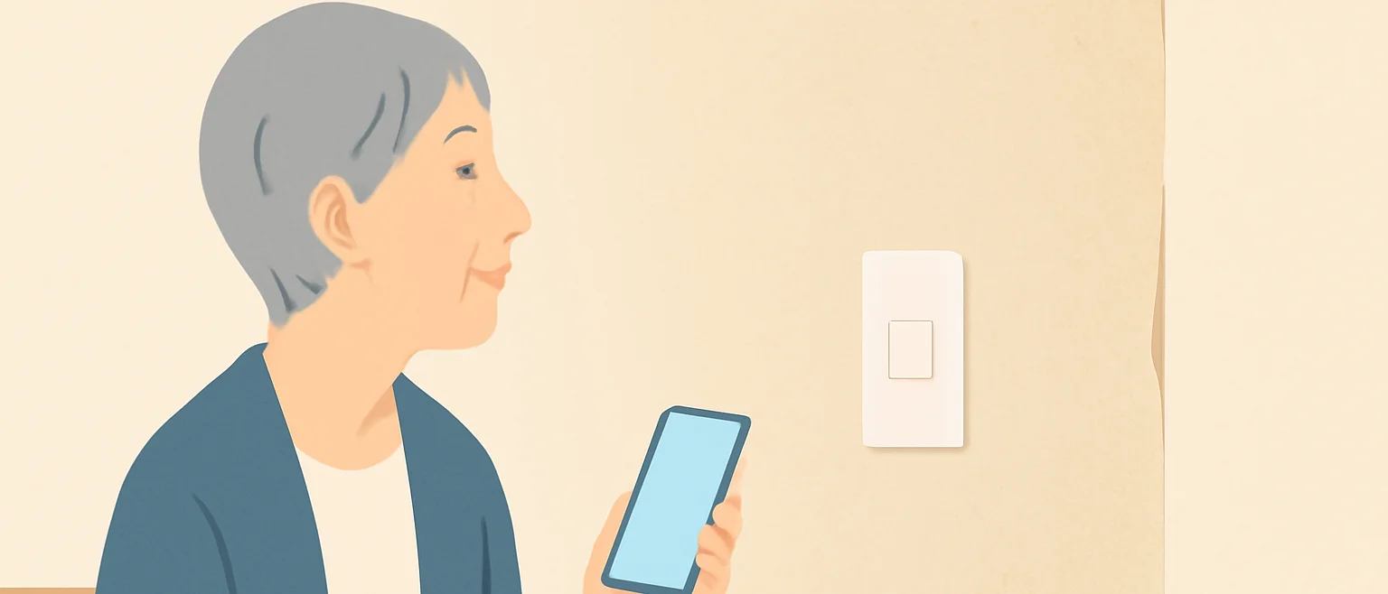スマートフォンを手に、部屋の壁のほうを見る女性