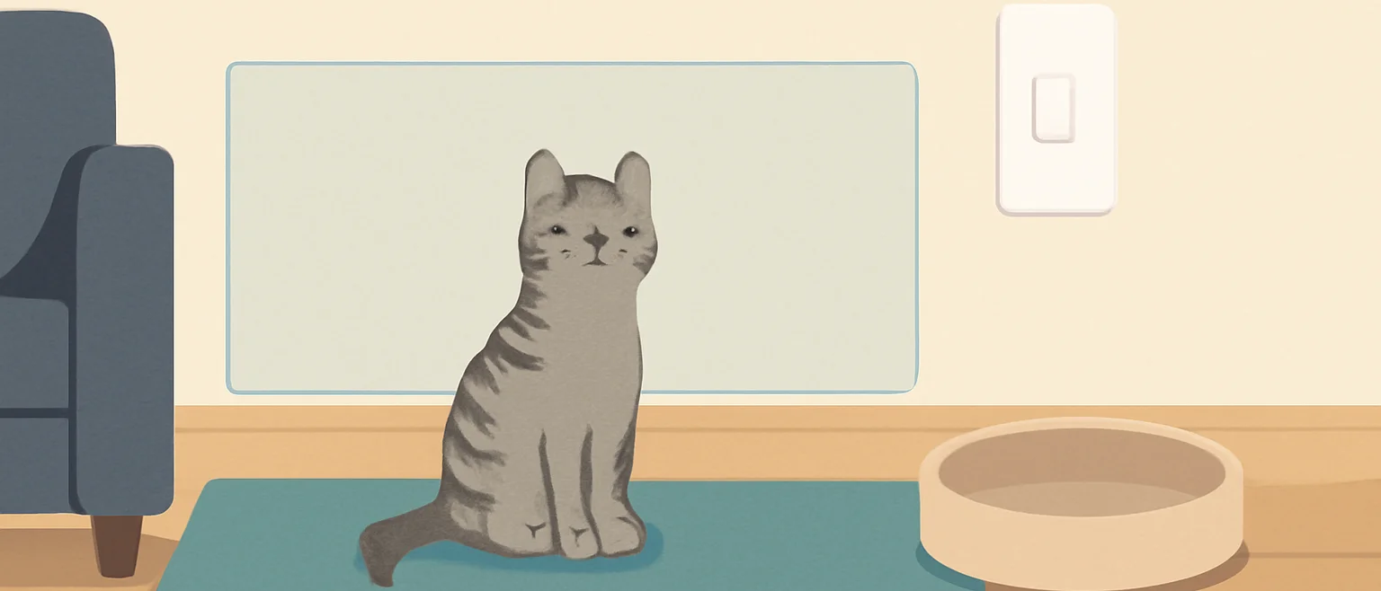 壁の下のほうに透明な保護シートを貼った部屋と、その前に座る猫