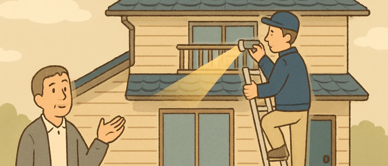 二階建ての家の外で、はしごに上った職人が懐中電灯で屋根と外壁の境目を照らして点検し、住人の男性が場所を説明している